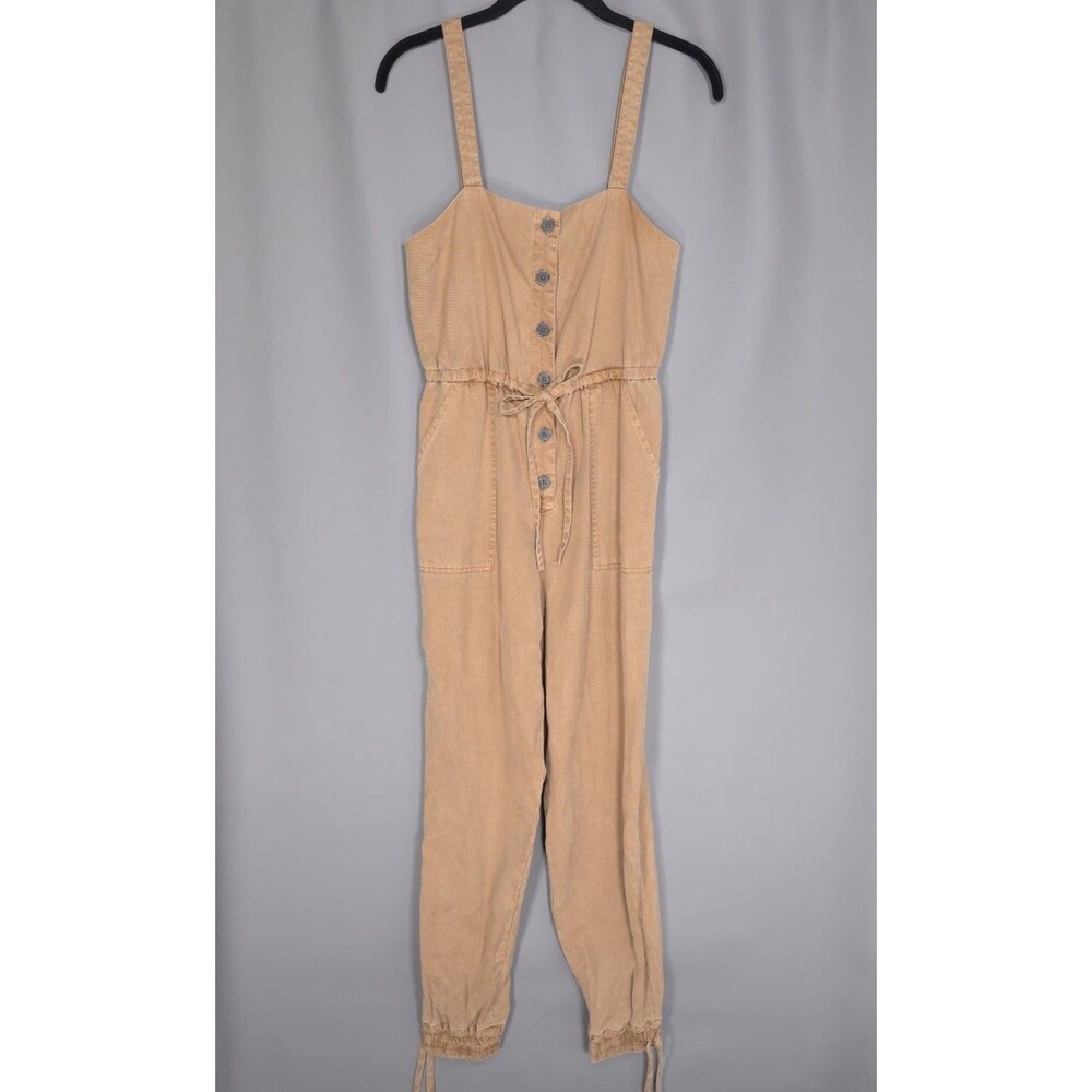 ALICE + OLIVIA Tan Button Front Utility Jumpsuit Drawstring Ankle XS LINEN Blend